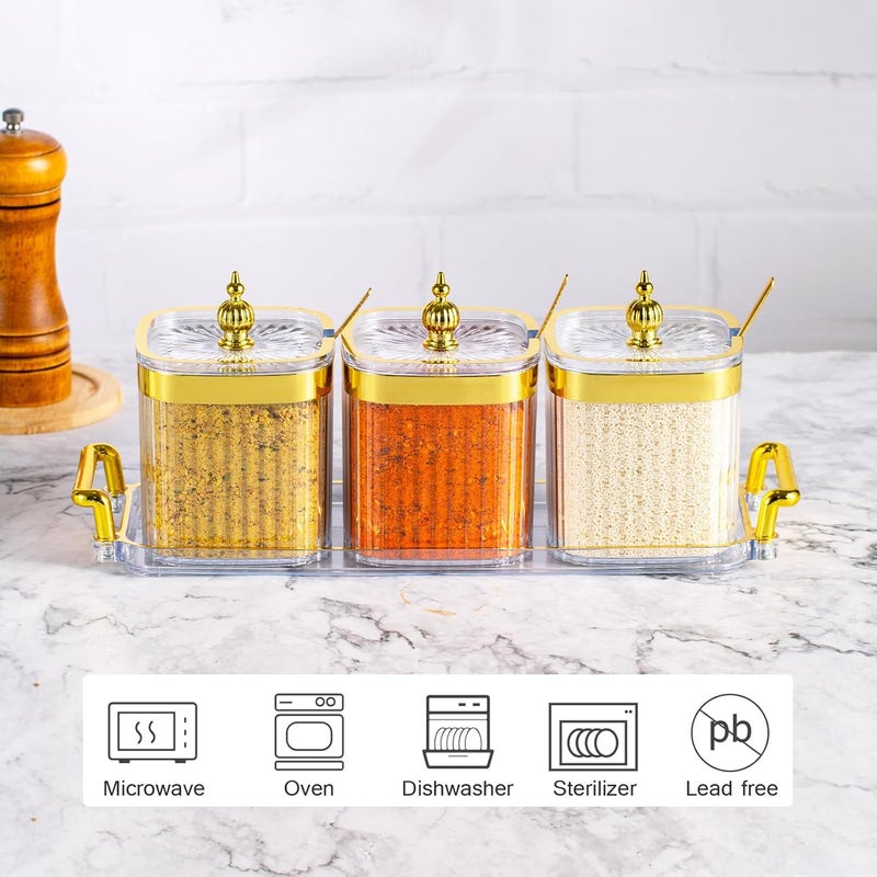 EABOSON 3 Pack Clear Condiment Spice Jars with Lids, Spoons, Tray - Plastic Seasoning Box Set for Salt, Pepper, Sugar - Kitchen Storage - Image 3